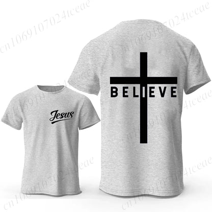 Men's Fashion Summer T-shirts Believe Cross Jesus Creative Graphic Printed Tshirts Casual Short Sleeved T-shirt Christian Tops