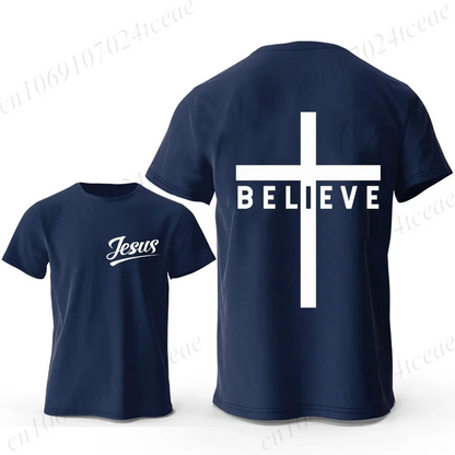 Men's Fashion Summer T-shirts Believe Cross Jesus Creative Graphic Printed Tshirts Casual Short Sleeved T-shirt Christian Tops