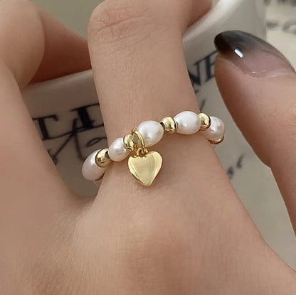 PONYKISS 925 Sterling Silver Freshwater Pearls Heart Bead Rings for Women Trendy Fine Jewelry Minimalist Adjustable Accessories