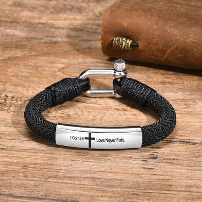 Personalized Bible Cross Bracelets for Men Boy,Nautical Screw Anchor Shackle Black Rope Bracelet,Custom Prayer Christian Jewelry