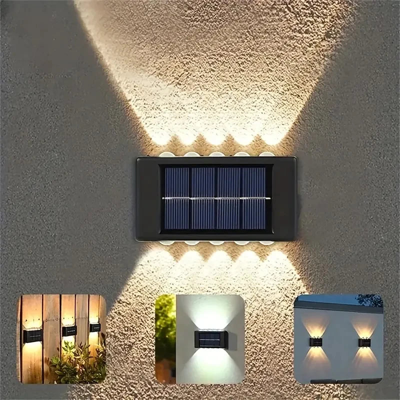 1-pack 6/8/10 LEDs solar upper and lower luminous convex mirror wall lamp, courtyard wall decoration atmosphere guide lamp