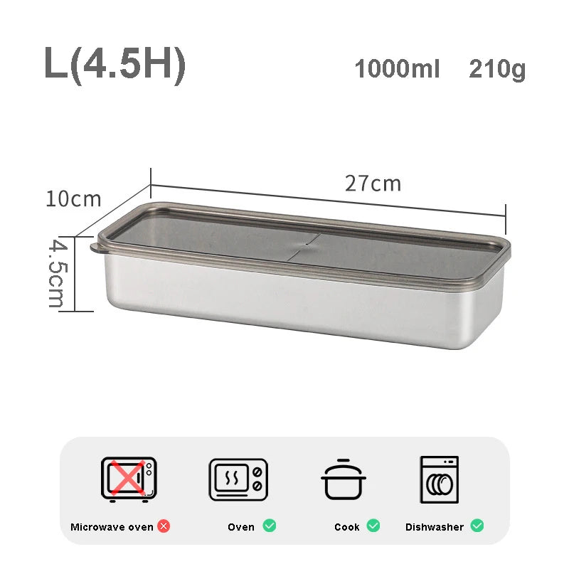 1pc (Size L) 304 Stainless Steel Food Container Leak Proof Large Capacity Rectangular Metal Lunch Box Corrugated Bottom