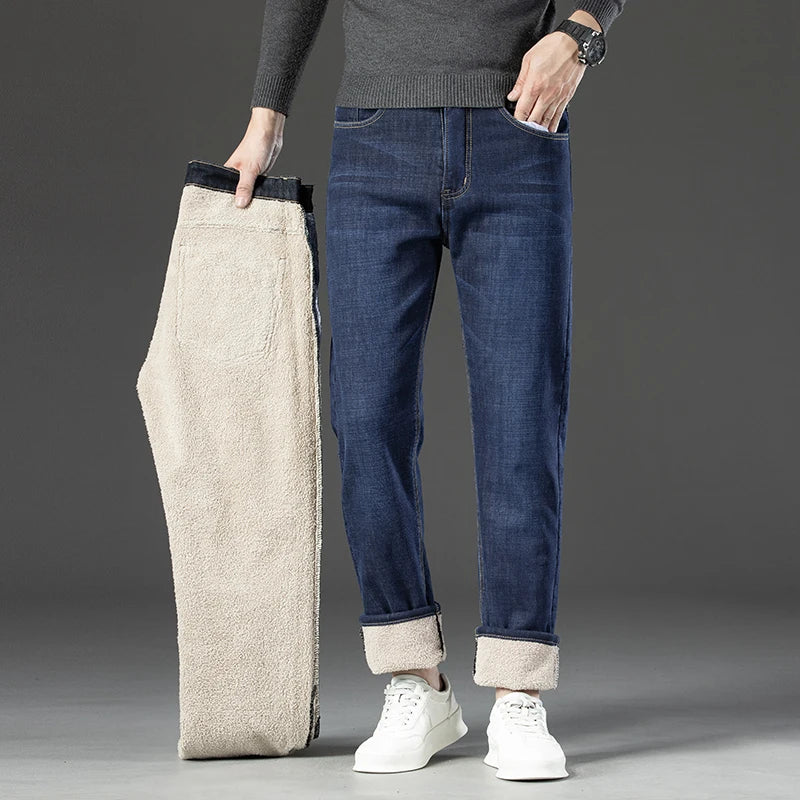 Winter Lamb Fluff Denim Pants Men's Straight Loose Stretch Jeans Business Casual Jean Fleece Thick Trousers Mens Clothing