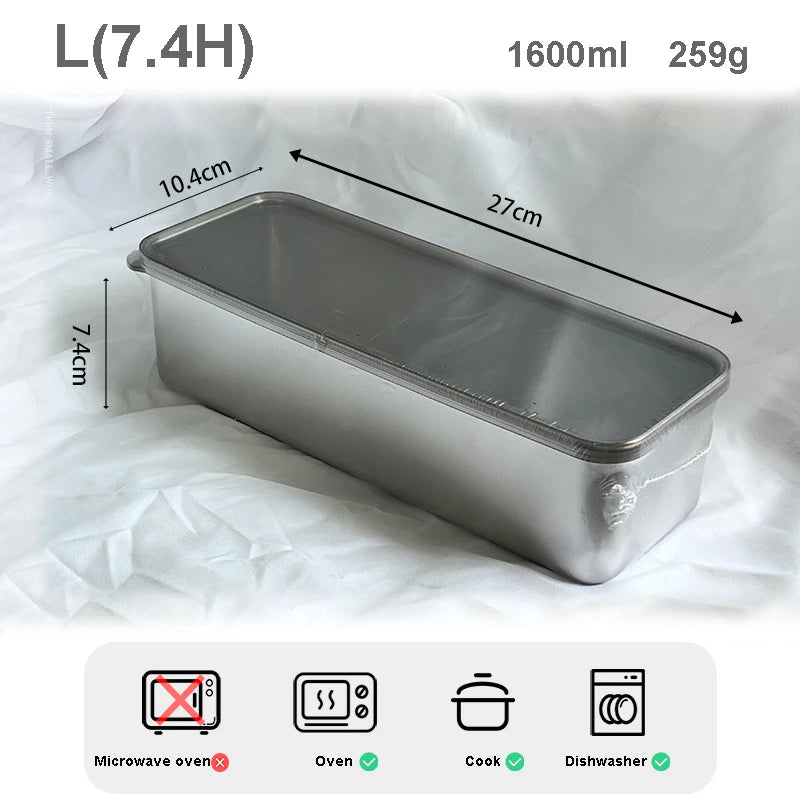 1pc (Size L) 304 Stainless Steel Food Container Leak Proof Large Capacity Rectangular Metal Lunch Box Corrugated Bottom