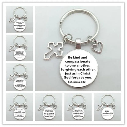 Christian Bible Keychains Cross Heart Charms Scripture Verse Stainless Steel Pendant Key Chain Religious Faith Jewelry