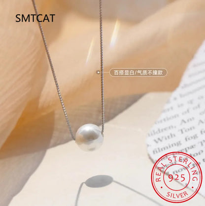 Real 925 Sterling Silver 6/8/10mm Round Bead Pearl Pendant Choker Necklace For Charm Women Fine Jewelry Minimalist Accessories