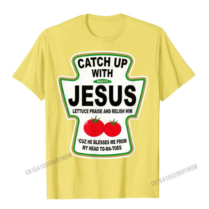 Grunge Christian Catch Up With Jesus Ketchup T-Shirt Top T-Shirts Tops Shirts Funny Harajuku Cotton Casual Gift Men