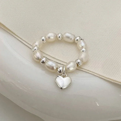 PONYKISS 925 Sterling Silver Freshwater Pearls Heart Bead Rings for Women Trendy Fine Jewelry Minimalist Adjustable Accessories