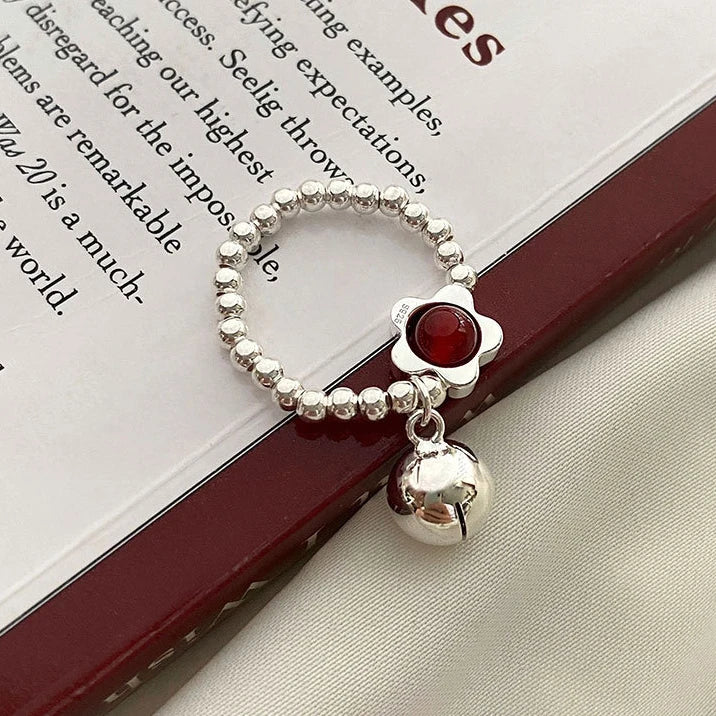 PONYKISS 925 Sterling Silver Agate Flower Bell Bead Elastic Rope Rings for Women Cute Fine Jewelry Minimalist Accessories