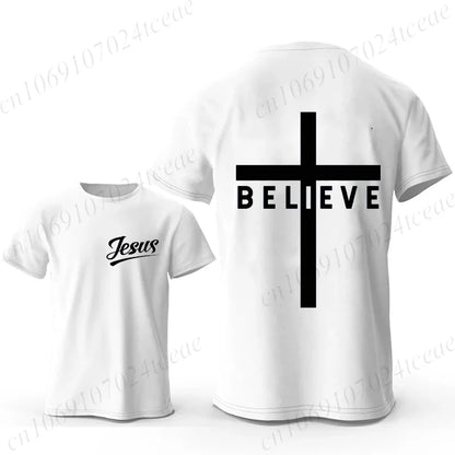 Men's Fashion Summer T-shirts Believe Cross Jesus Creative Graphic Printed Tshirts Casual Short Sleeved T-shirt Christian Tops