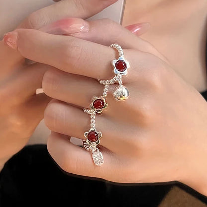 PONYKISS 925 Sterling Silver Agate Flower Bell Bead Elastic Rope Rings for Women Cute Fine Jewelry Minimalist Accessories