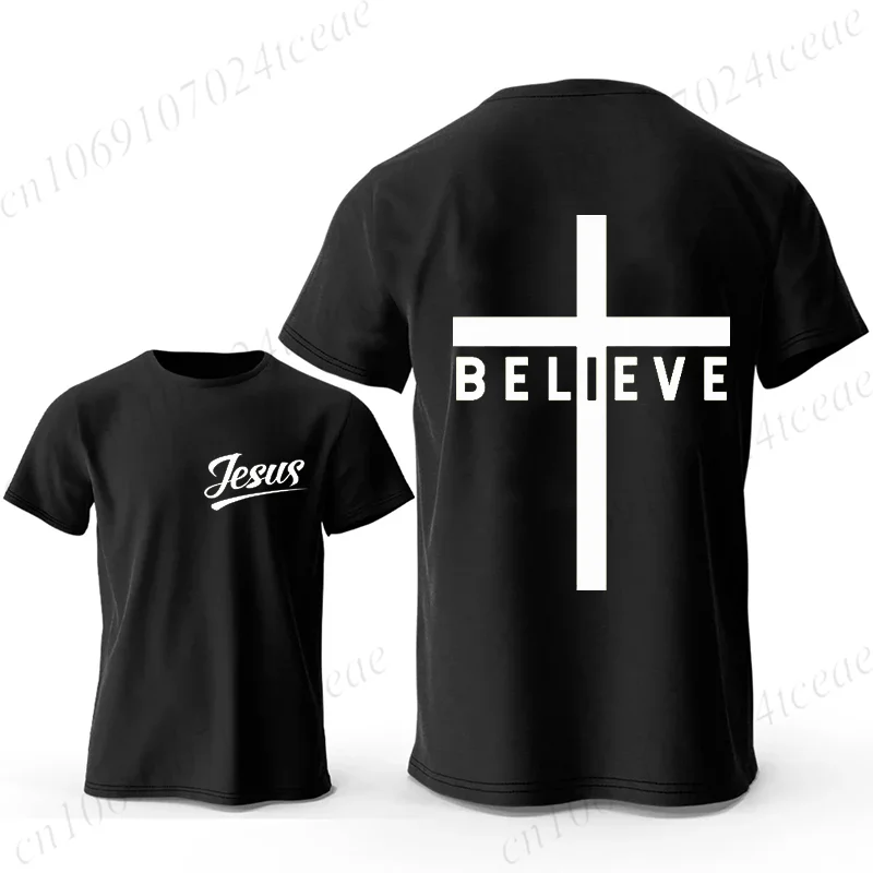 Men's Fashion Summer T-shirts Believe Cross Jesus Creative Graphic Printed Tshirts Casual Short Sleeved T-shirt Christian Tops