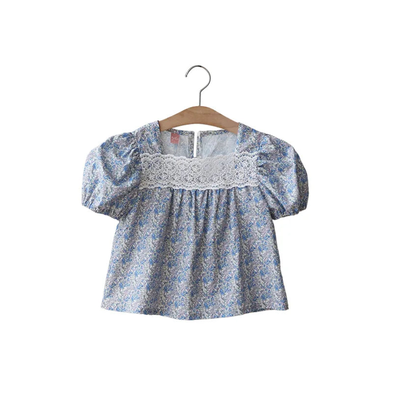 Children Clothing Girls Shirt Summer 2024 Korean Style Vintage Lace Puffed Sleeve Short-sleeved Fashionable Casual Shirt