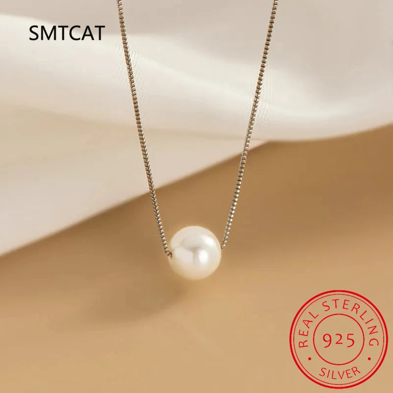 Real 925 Sterling Silver 6/8/10mm Round Bead Pearl Pendant Choker Necklace For Charm Women Fine Jewelry Minimalist Accessories