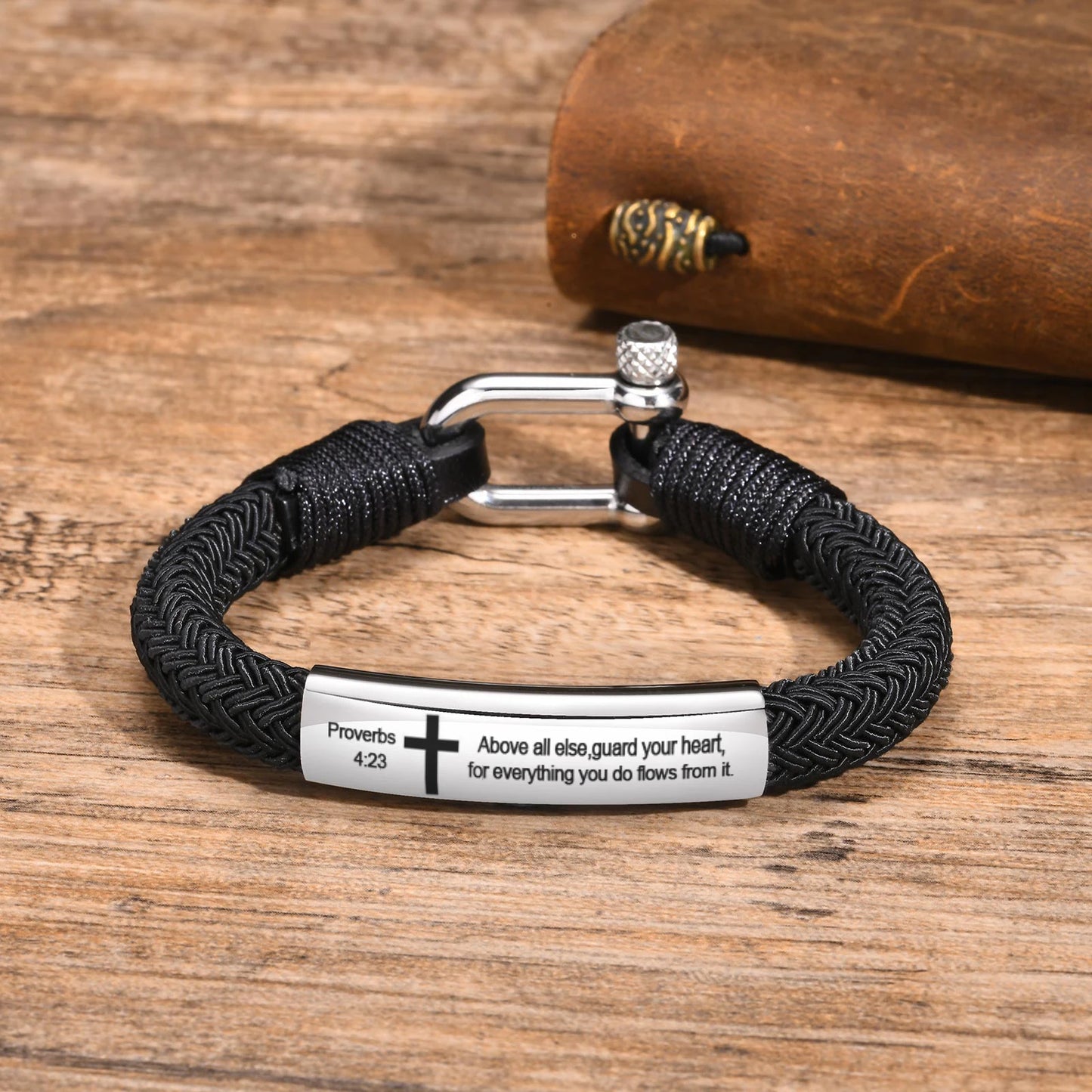 Personalized Bible Cross Bracelets for Men Boy,Nautical Screw Anchor Shackle Black Rope Bracelet,Custom Prayer Christian Jewelry