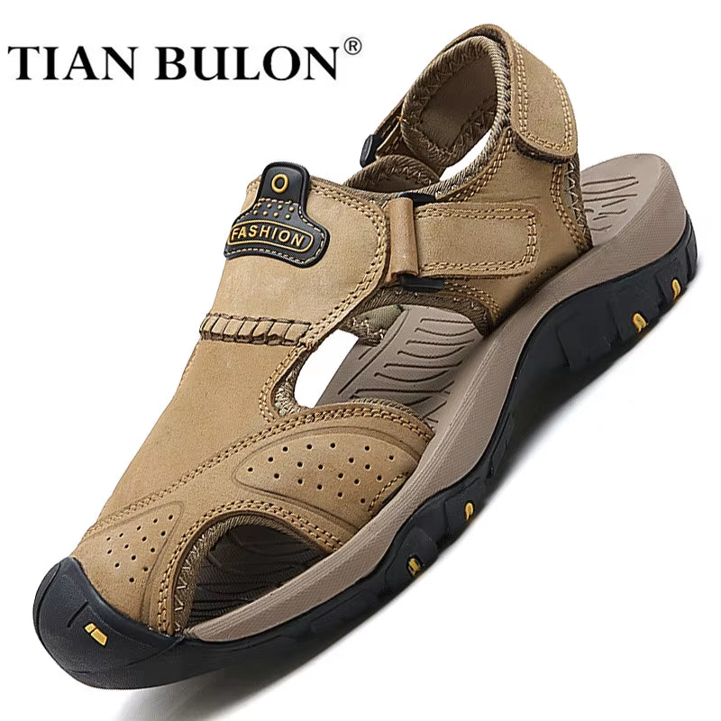 Summer Genuine Leather Cowhide Men'S Sandals Non-Slip Outdoor Men Casual Shoes Breathable Hiking Sandals Mens Beach Slippers