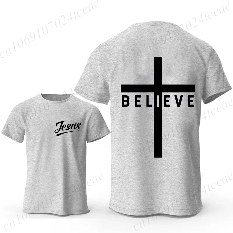 Men's Fashion Summer T-shirts Believe Cross Jesus Creative Graphic Printed Tshirts Casual Short Sleeved T-shirt Christian Tops