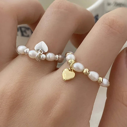 PONYKISS 925 Sterling Silver Freshwater Pearls Heart Bead Rings for Women Trendy Fine Jewelry Minimalist Adjustable Accessories