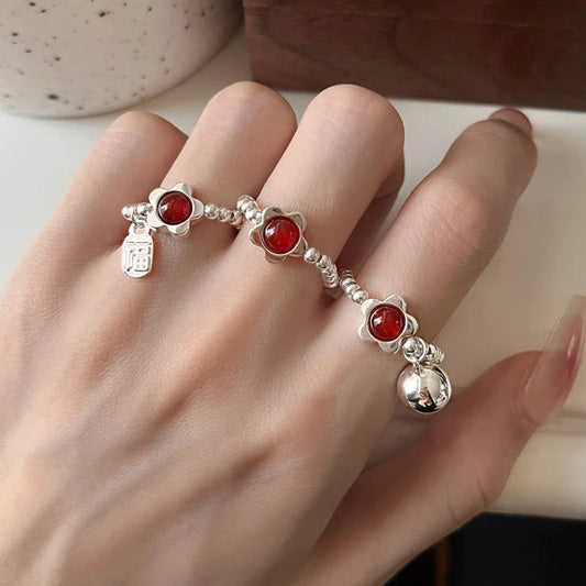 PONYKISS 925 Sterling Silver Agate Flower Bell Bead Elastic Rope Rings for Women Cute Fine Jewelry Minimalist Accessories