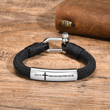 Personalized Bible Cross Bracelets for Men Boy,Nautical Screw Anchor Shackle Black Rope Bracelet,Custom Prayer Christian Jewelry