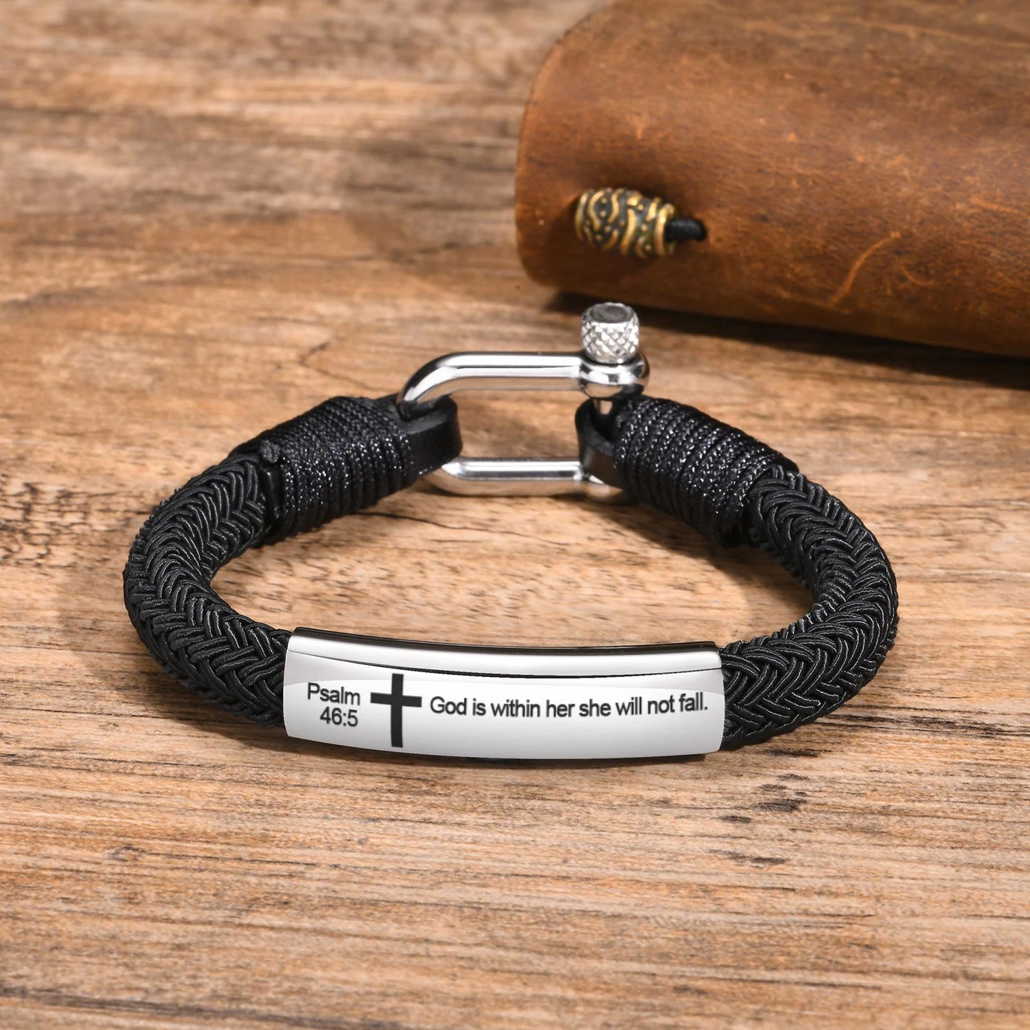 Personalized Bible Cross Bracelets for Men Boy,Nautical Screw Anchor Shackle Black Rope Bracelet,Custom Prayer Christian Jewelry