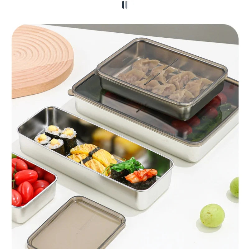 1pc (Size L) 304 Stainless Steel Food Container Leak Proof Large Capacity Rectangular Metal Lunch Box Corrugated Bottom