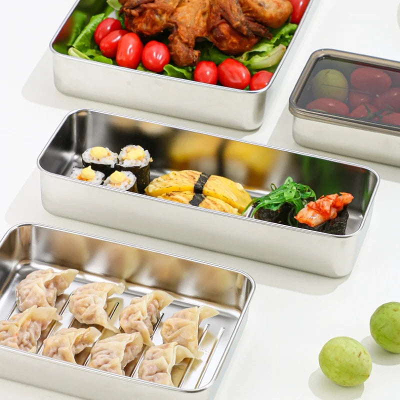 1pc (Size L) 304 Stainless Steel Food Container Leak Proof Large Capacity Rectangular Metal Lunch Box Corrugated Bottom