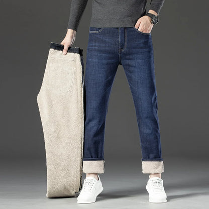 Winter Lamb Fluff Denim Pants Men's Straight Loose Stretch Jeans Business Casual Jean Fleece Thick Trousers Mens Clothing