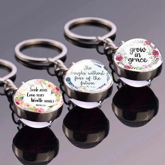 "Give Thanks with A Grateful Heart"Bible Verse Glass Ball Key Chain Scripture Quote Jewelry Christian Faith Thanksgiving Gift