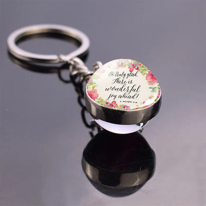 "Give Thanks with A Grateful Heart"Bible Verse Glass Ball Key Chain Scripture Quote Jewelry Christian Faith Thanksgiving Gift