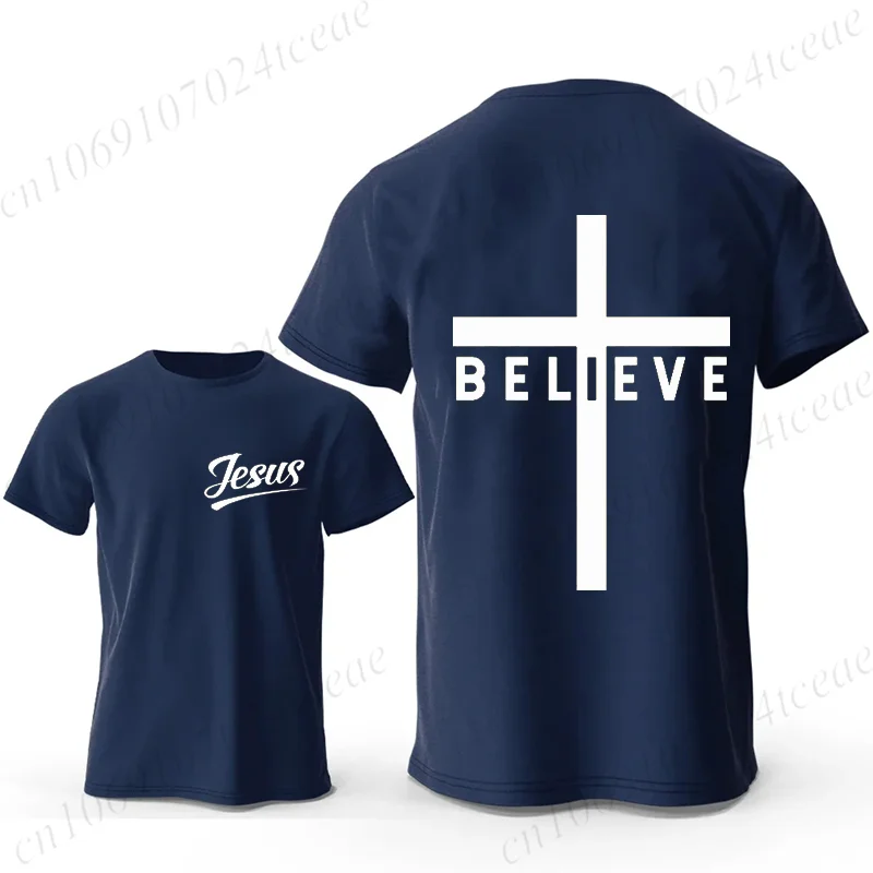 Men's Fashion Summer T-shirts Believe Cross Jesus Creative Graphic Printed Tshirts Casual Short Sleeved T-shirt Christian Tops