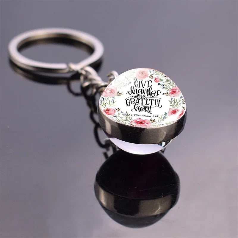 "Give Thanks with A Grateful Heart"Bible Verse Glass Ball Key Chain Scripture Quote Jewelry Christian Faith Thanksgiving Gift