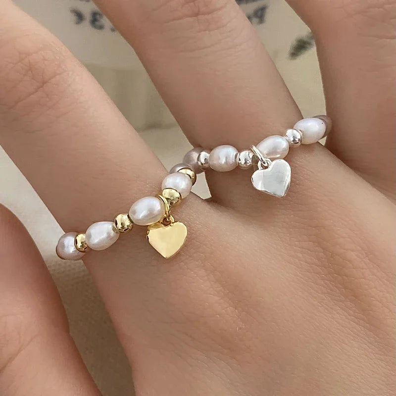 PONYKISS 925 Sterling Silver Freshwater Pearls Heart Bead Rings for Women Trendy Fine Jewelry Minimalist Adjustable Accessories