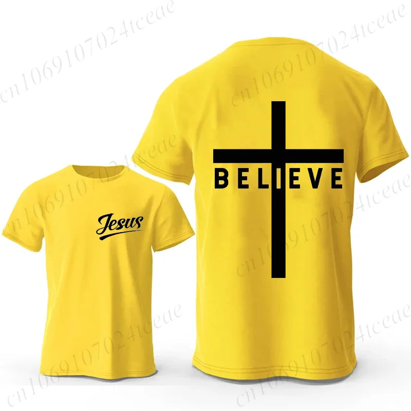 Men's Fashion Summer T-shirts Believe Cross Jesus Creative Graphic Printed Tshirts Casual Short Sleeved T-shirt Christian Tops